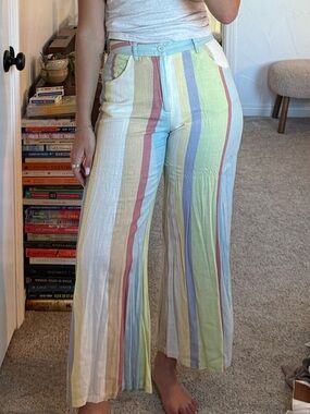 Wide Leg Striped Linen-Blend Pants in Pastel Multicolor